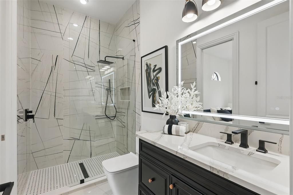 Bathroom, Glass Shower, Interior, Marble Walls, Recessed Lighting