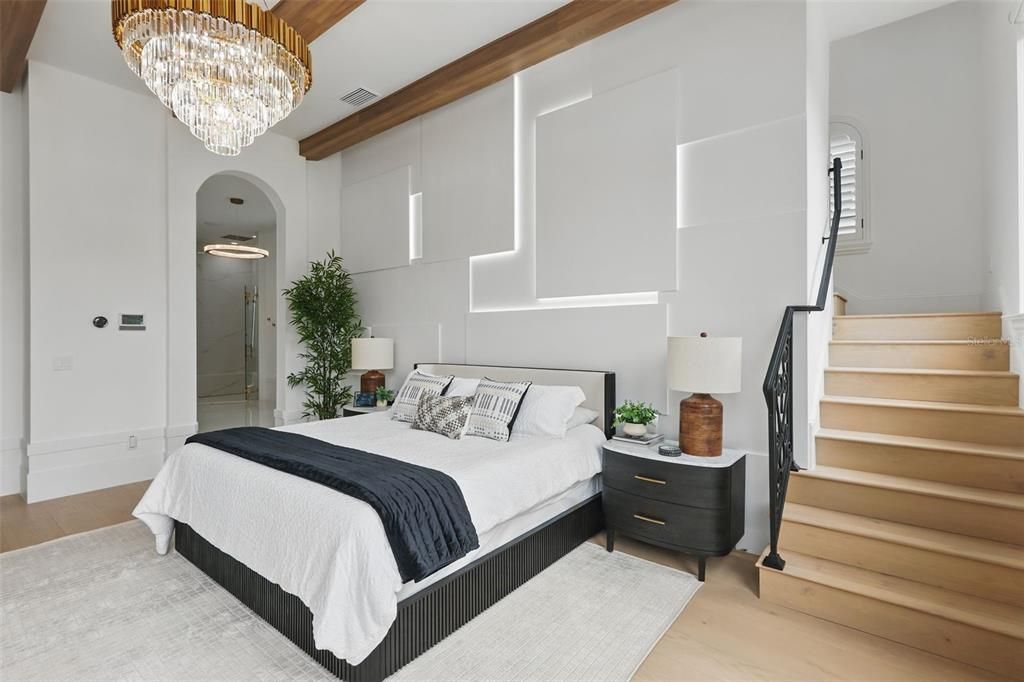 Bedroom, Chandelier, Interior, Wood Texture Flooring