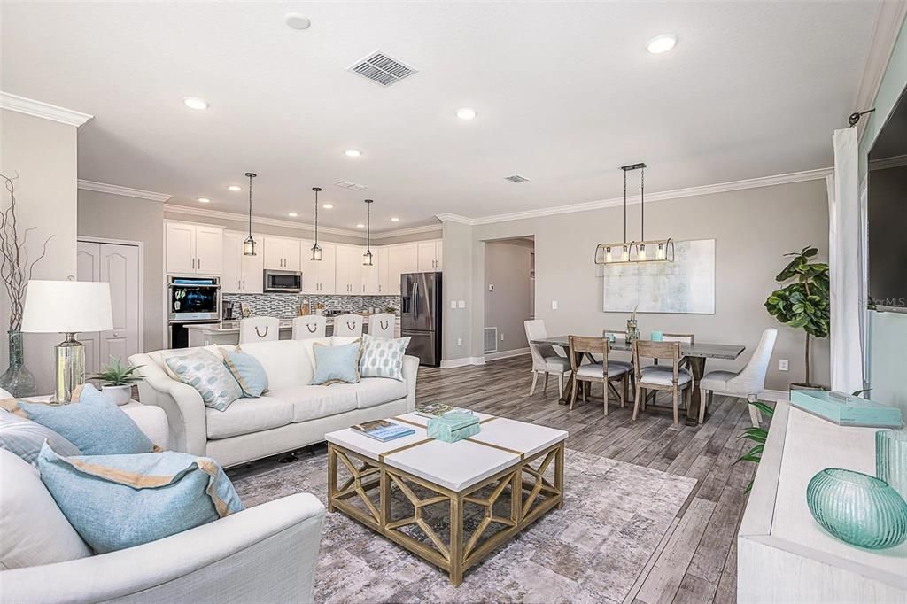 Dining room, Interior, Kitchen, Living room, Pendant Lights, Recessed Lighting, Stainless Steel Appliances, Wood Texture Flooring