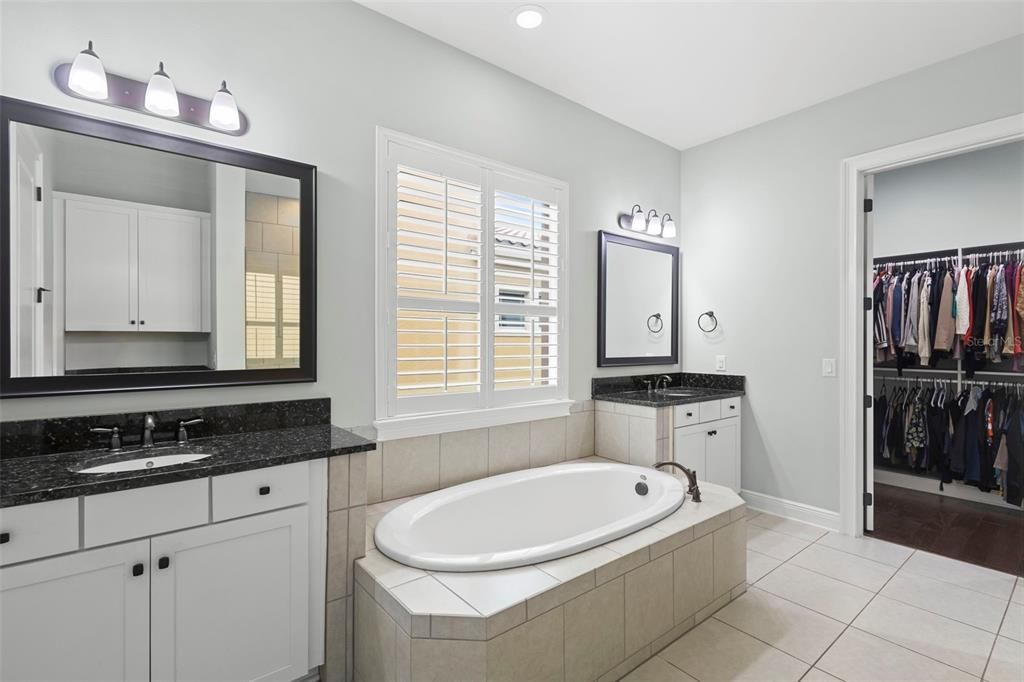 Bathroom, Dual Sink Vanities, Interior, Recessed Lighting, Walk-in Closets