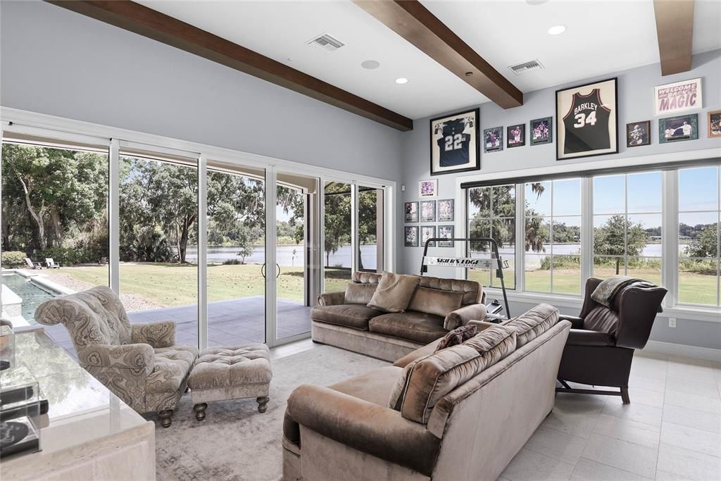 Interior, Living room, Recessed Lighting, Sun Room, Wooden Beams
