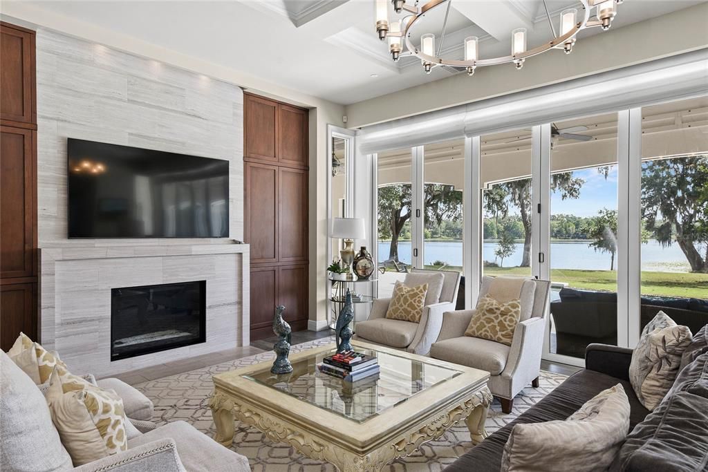 Chandelier, Fireplace, Interior, Living room, Water