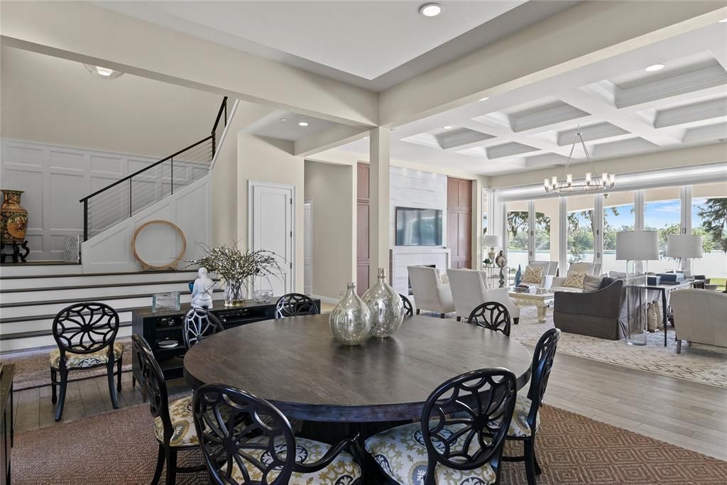Chandelier, Dining room, Interior, Living room, Recessed Lighting, Wood Texture Flooring