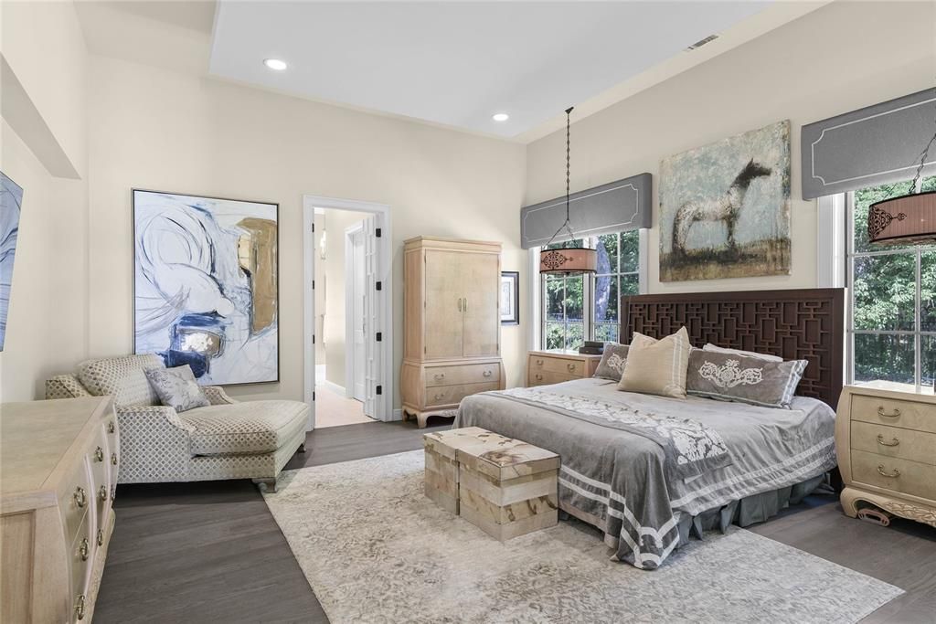 Bedroom, Interior, Pendant Lights, Recessed Lighting, Wood Texture Flooring