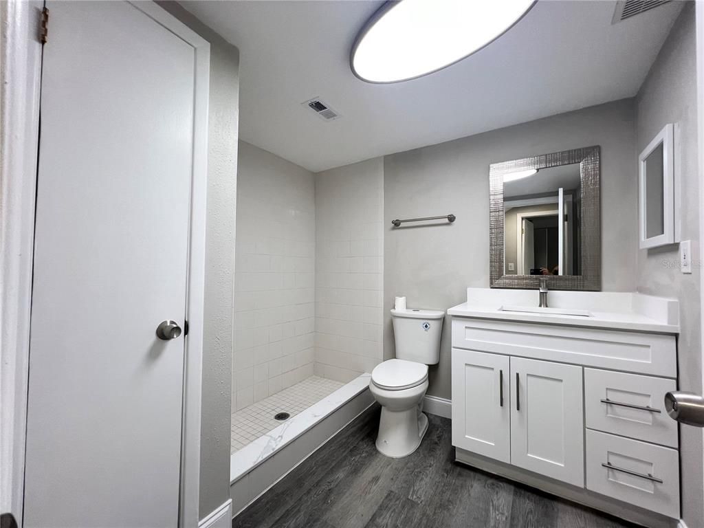 Bathroom, Glass Shower, Interior, Wood Texture Flooring