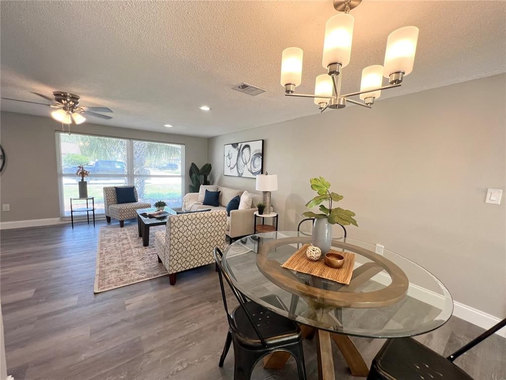 Chandelier, Dining room, Interior, Living room, Recessed Lighting, Wood Texture Flooring