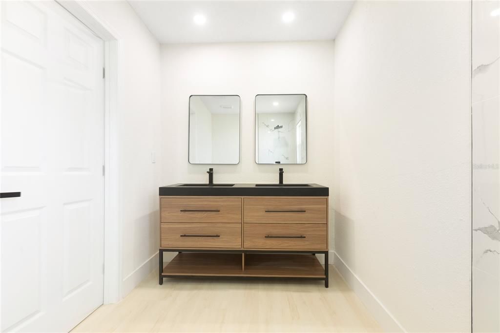 Bathroom, Dual Sink Vanities, Interior, Recessed Lighting, Wood Texture Flooring
