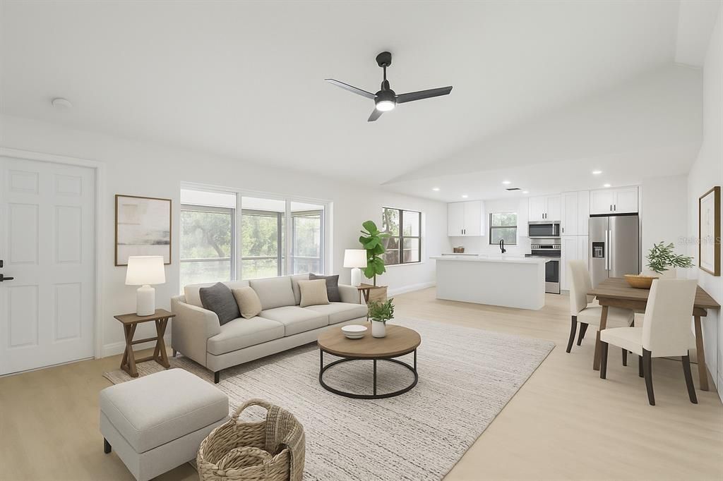 Dining room, Interior, Kitchen, Living room, Recessed Lighting, Stainless Steel Appliances, Wood Texture Flooring