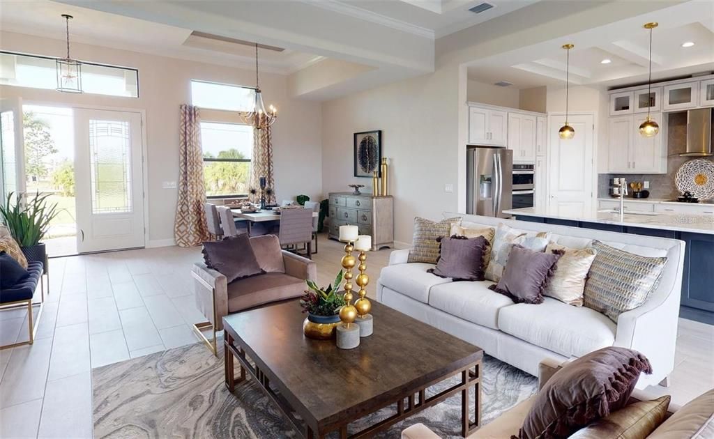 Chandelier, Dining room, Interior, Kitchen, Living room, Pendant Lights, Recessed Lighting, Stainless Steel Appliances