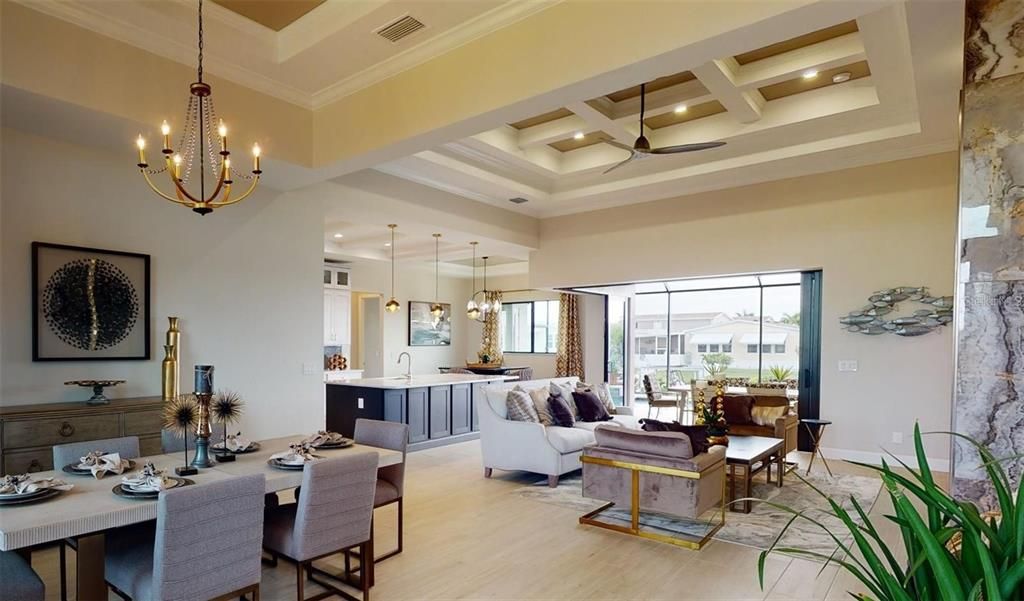 Chandelier, Dining room, Interior, Living room, Pendant Lights, Recessed Lighting, Wood Texture Flooring