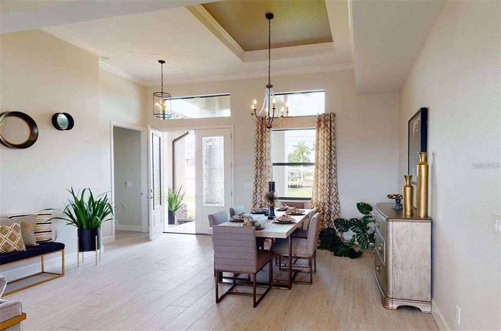 Chandelier, Dining room, Interior, Pendant Lights, Wood Texture Flooring