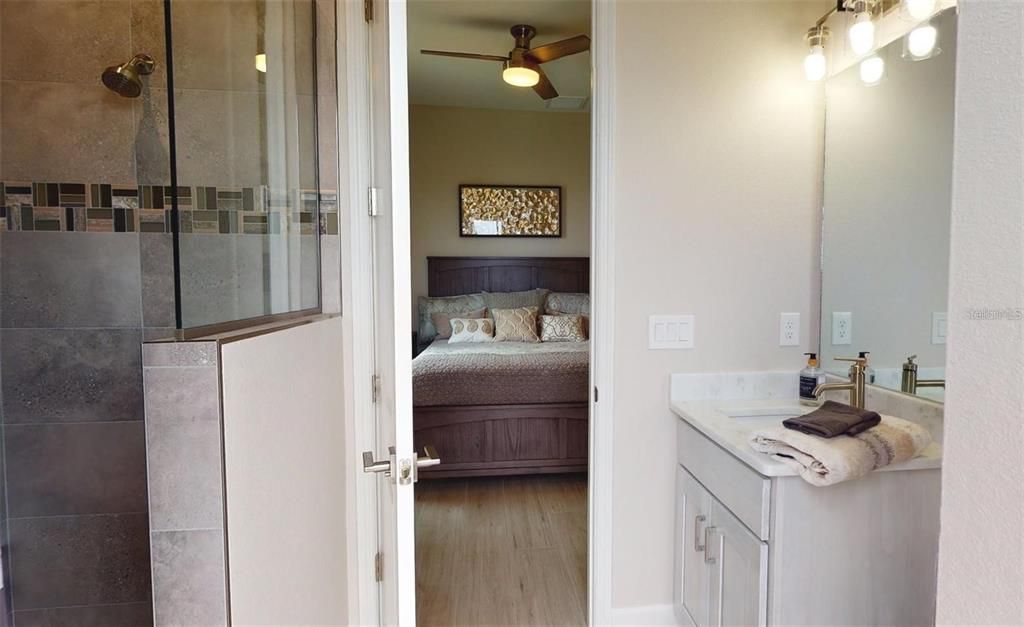 Bathroom, Bedroom, Glass Shower, Interior, Wood Texture Flooring