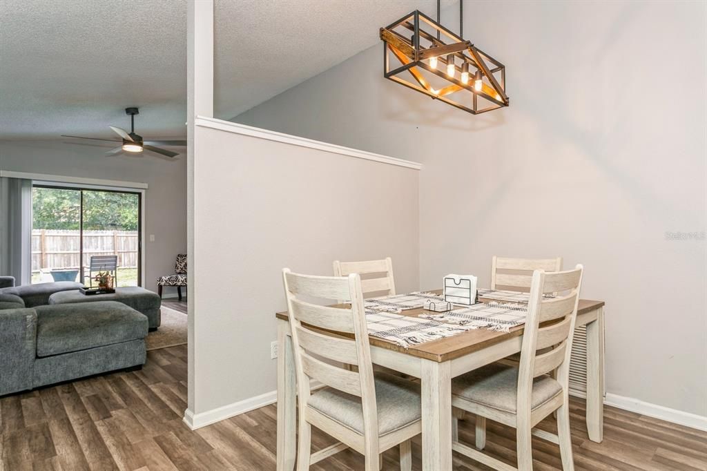 Dining room, Interior, Pendant Lights, Wood Texture Flooring