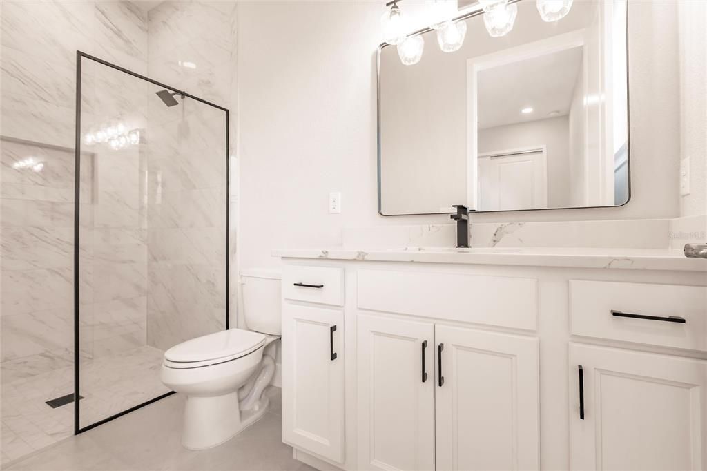 Bathroom, Glass Shower, Interior, Marble Walls, Recessed Lighting