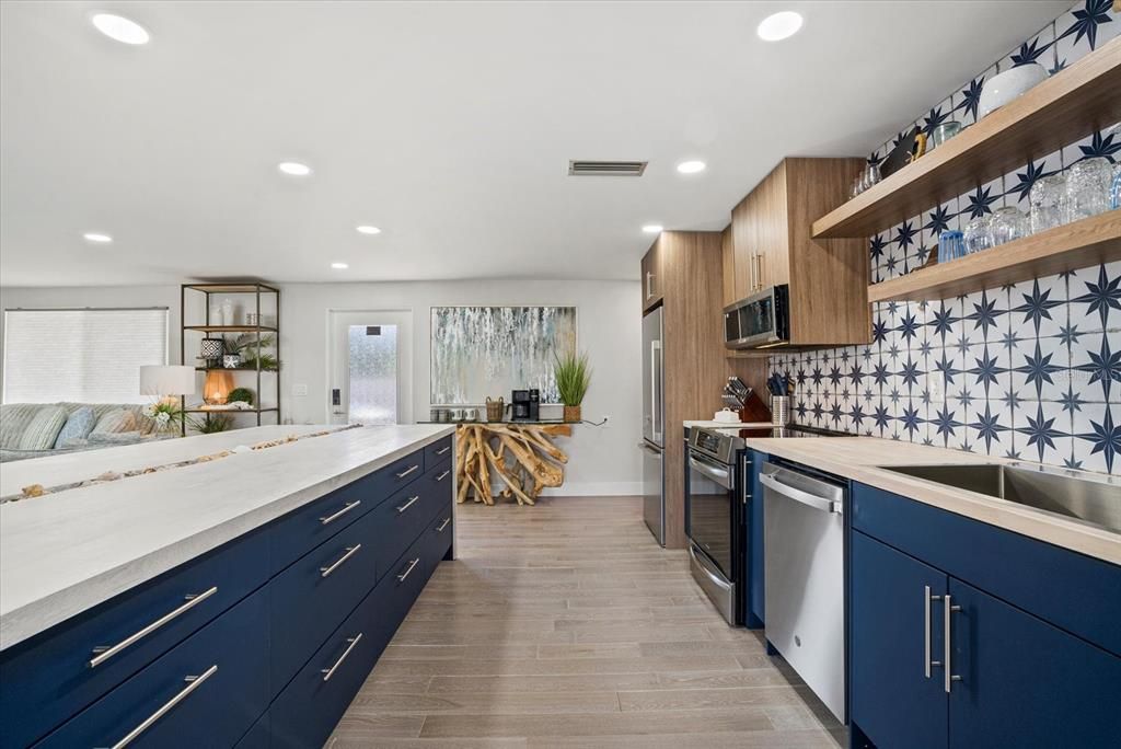 Interior, Kitchen, Recessed Lighting, Stainless Steel Appliances, Wood Texture Flooring