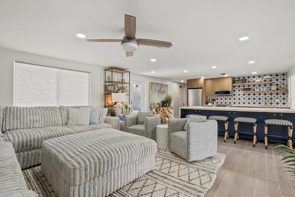Interior, Kitchen, Living room, Recessed Lighting, Stainless Steel Appliances, Wood Texture Flooring