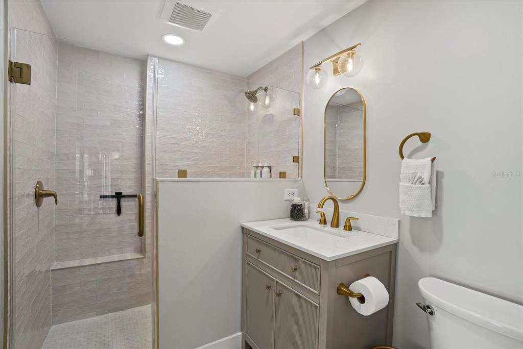 Bathroom, Glass Shower, Interior, Recessed Lighting