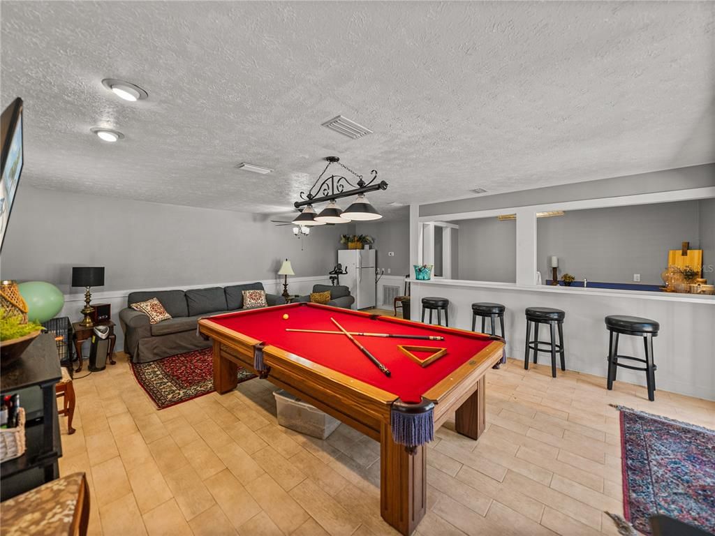 Billiard Table, Game Room, Interior, Pendant Lights, Recessed Lighting, Wood Texture Flooring