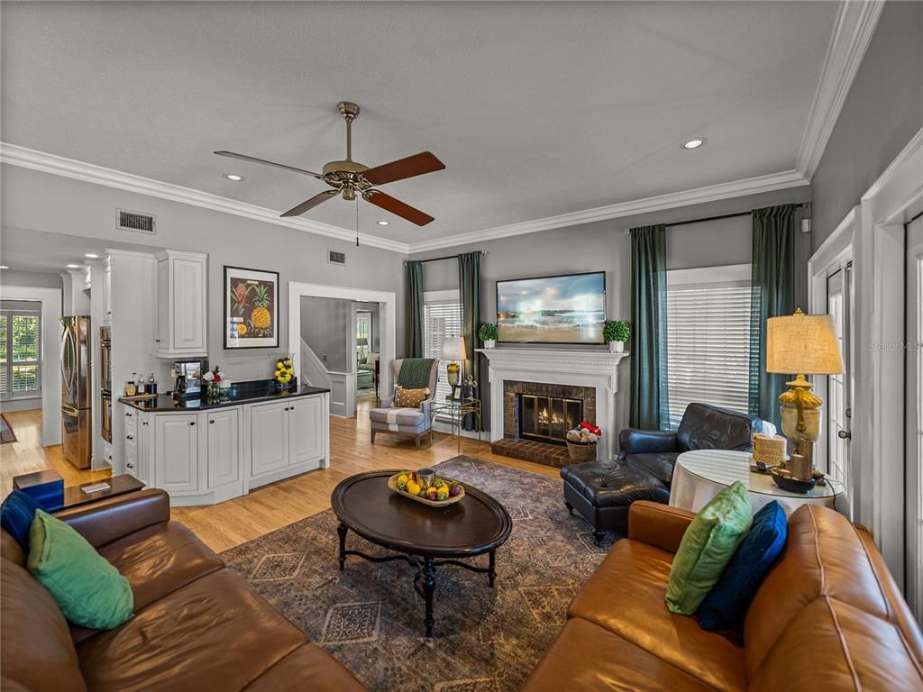 Fireplace, Interior, Living room, Recessed Lighting, Wood Texture Flooring