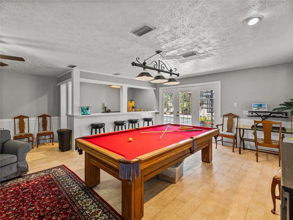 Billiard Table, Chandelier, Game Room, Interior, Recessed Lighting, Wood Texture Flooring