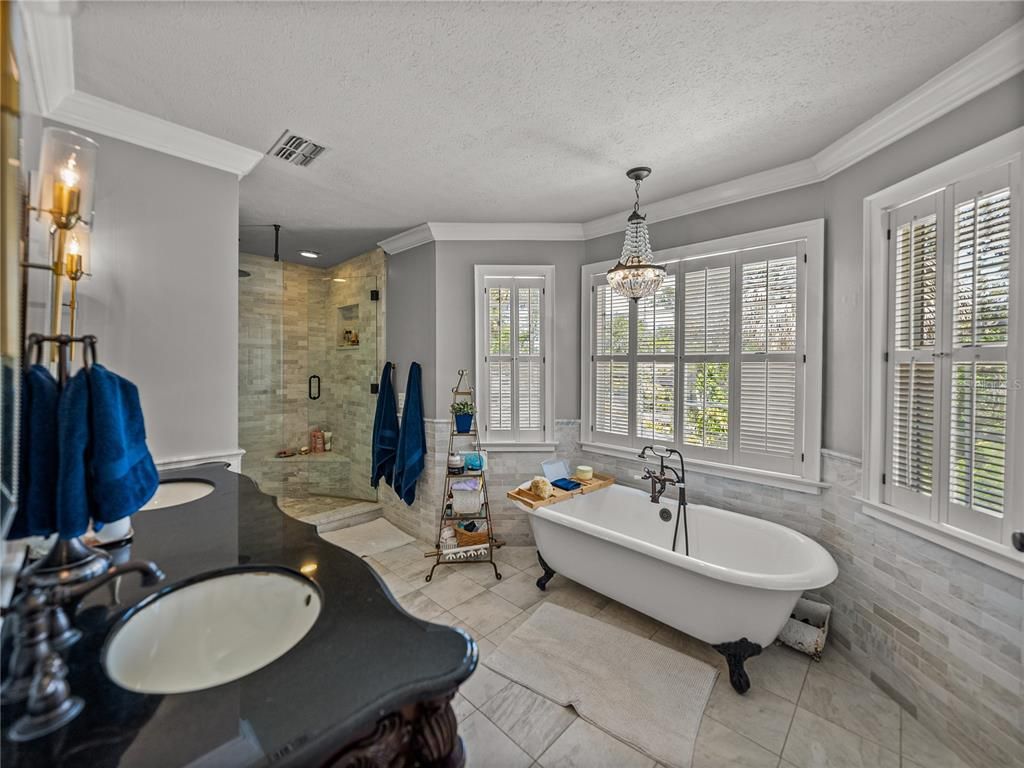 Bathroom, Dual Sink Vanities, Free Standing Baths, Glass Shower, Interior, Pendant Lights