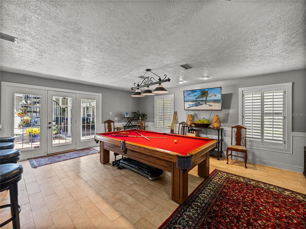 Billiard Table, Game Room, Interior, Pendant Lights, Wood Texture Flooring