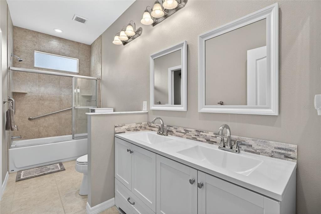 Bathroom, Dual Sink Vanities, Glass Shower, Interior, Recessed Lighting