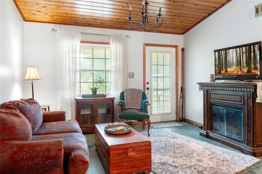 Chandelier, Fireplace, Interior, Living room, Wooden Ceilings, Wood Texture Flooring