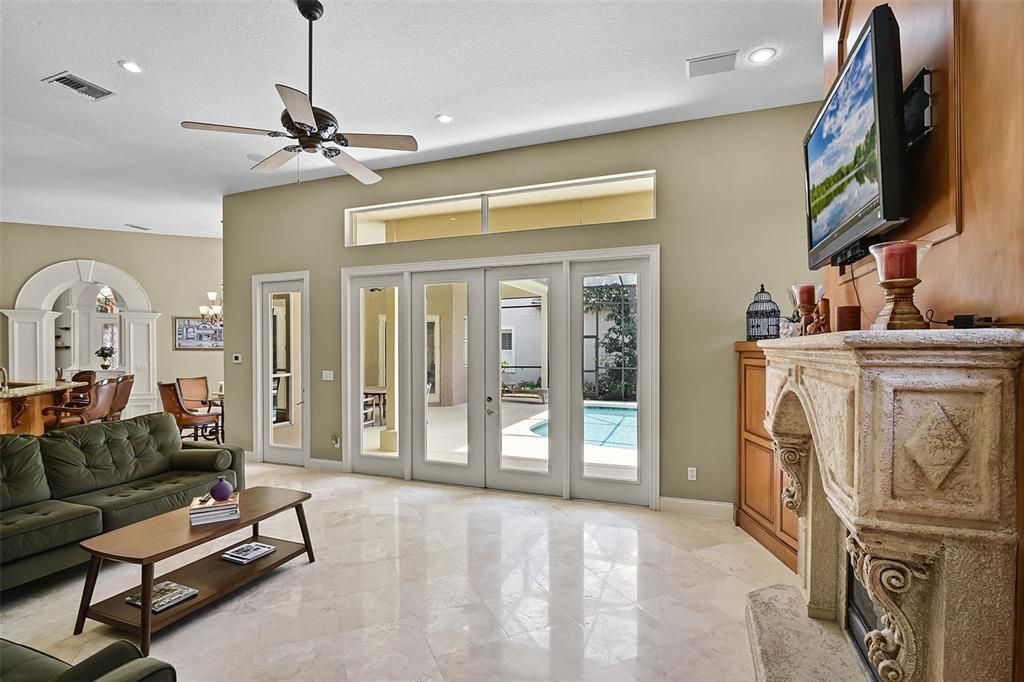 Dining room, Fireplace, Interior, Living room, Recessed Lighting
