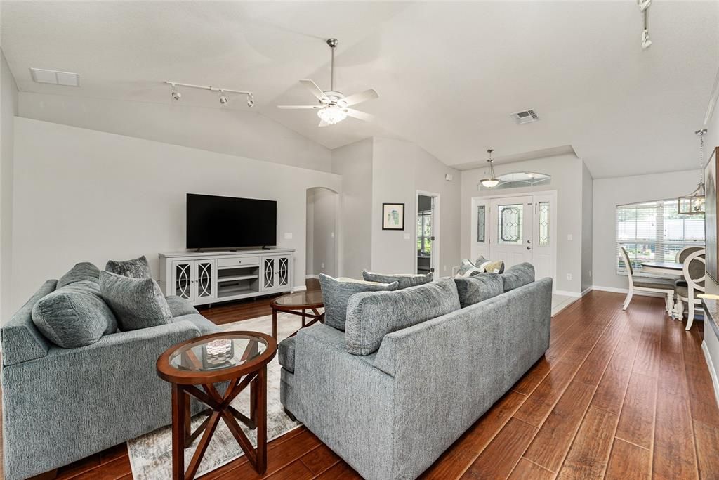 Dining room, Interior, Living room, Pendant Lights, Wood Texture Flooring