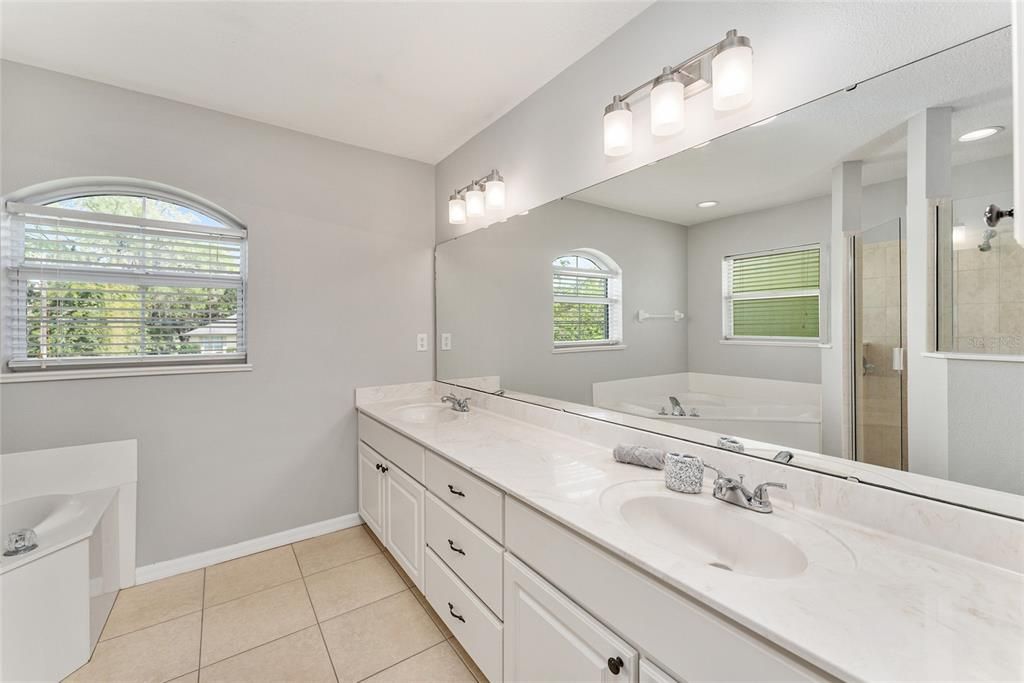 Bathroom, Dual Sink Vanities, Glass Shower, Interior, Recessed Lighting