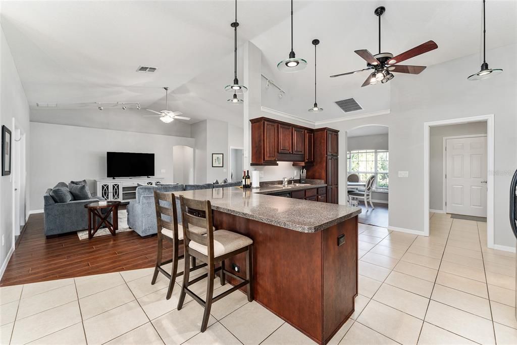 Interior, Kitchen, Living room, Pendant Lights, Wood Texture Flooring