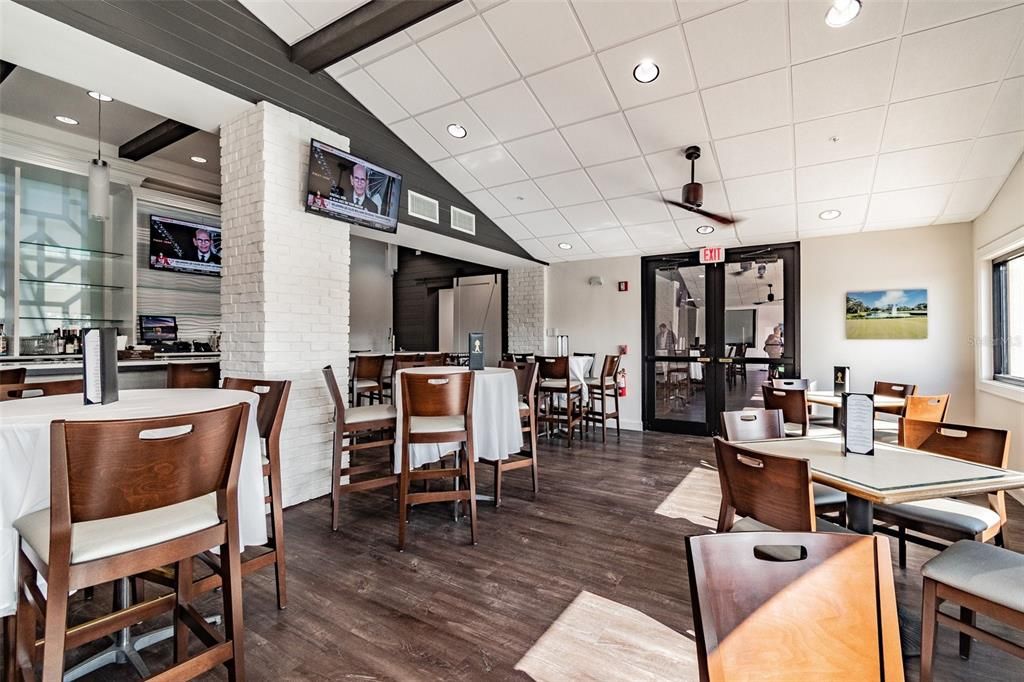 Dining room, Interior, Recessed Lighting, Stone Walls, Wooden Beams, Wood Texture Flooring