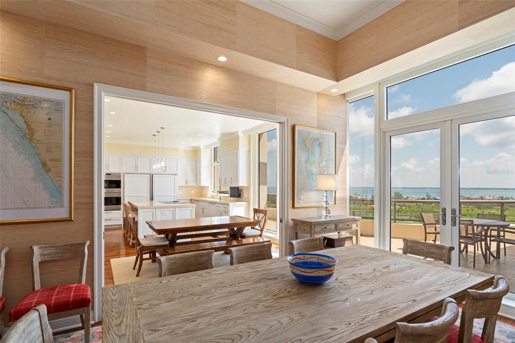 Dining room, Interior, Kitchen, Pendant Lights, Recessed Lighting, Stainless Steel Appliances, Water, Wood Texture Flooring