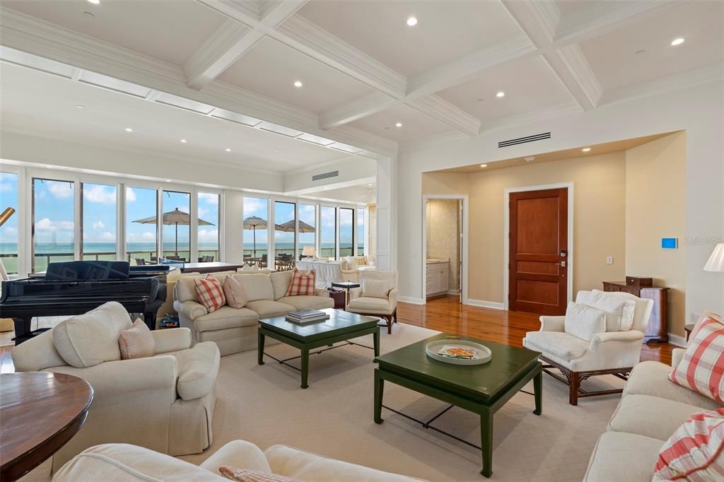 Interior, Living room, Piano, Recessed Lighting, Water, Wood Texture Flooring