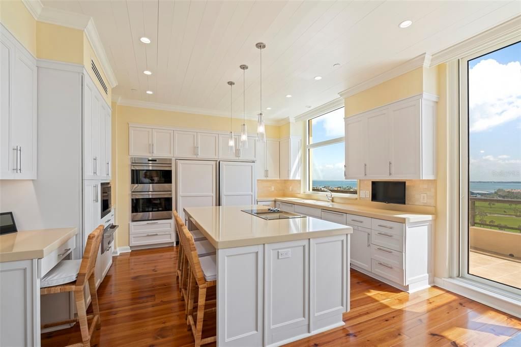 Interior, Kitchen, Pendant Lights, Recessed Lighting, Stainless Steel Appliances, Water, Wood Texture Flooring
