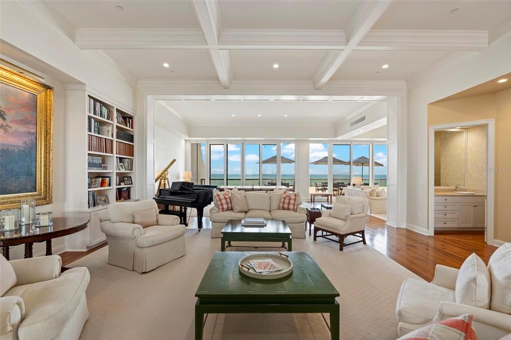Interior, Living room, Piano, Recessed Lighting, Water, Wood Texture Flooring