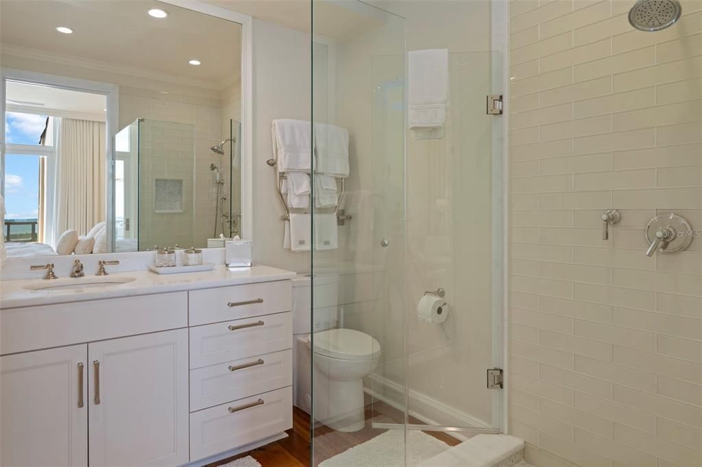 Bathroom, Glass Shower, Interior, Recessed Lighting, Wood Texture Flooring