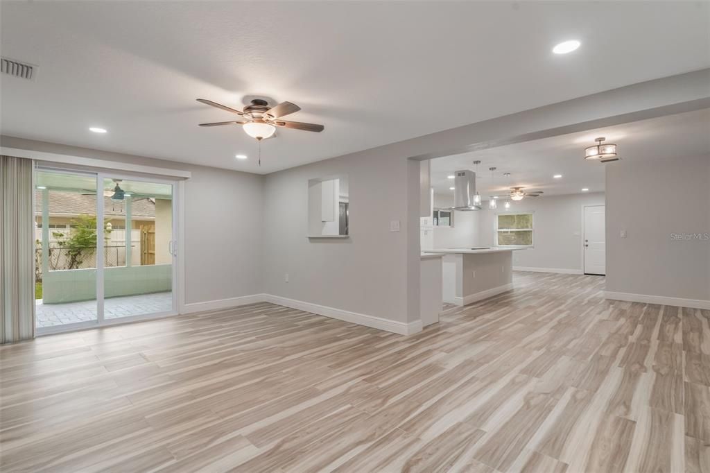 Empty room, Interior, Kitchen, Pendant Lights, Recessed Lighting, Wood Texture Flooring