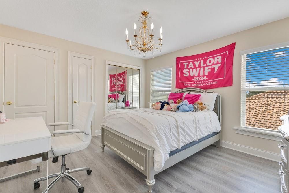 Bedroom, Chandelier, Interior, Wood Texture Flooring