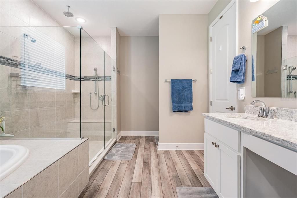 Bathroom, Glass Shower, Interior, Recessed Lighting, Wood Texture Flooring