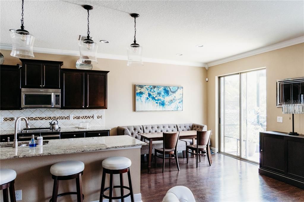 Dining room, Interior, Kitchen, Pendant Lights, Recessed Lighting, Wood Texture Flooring