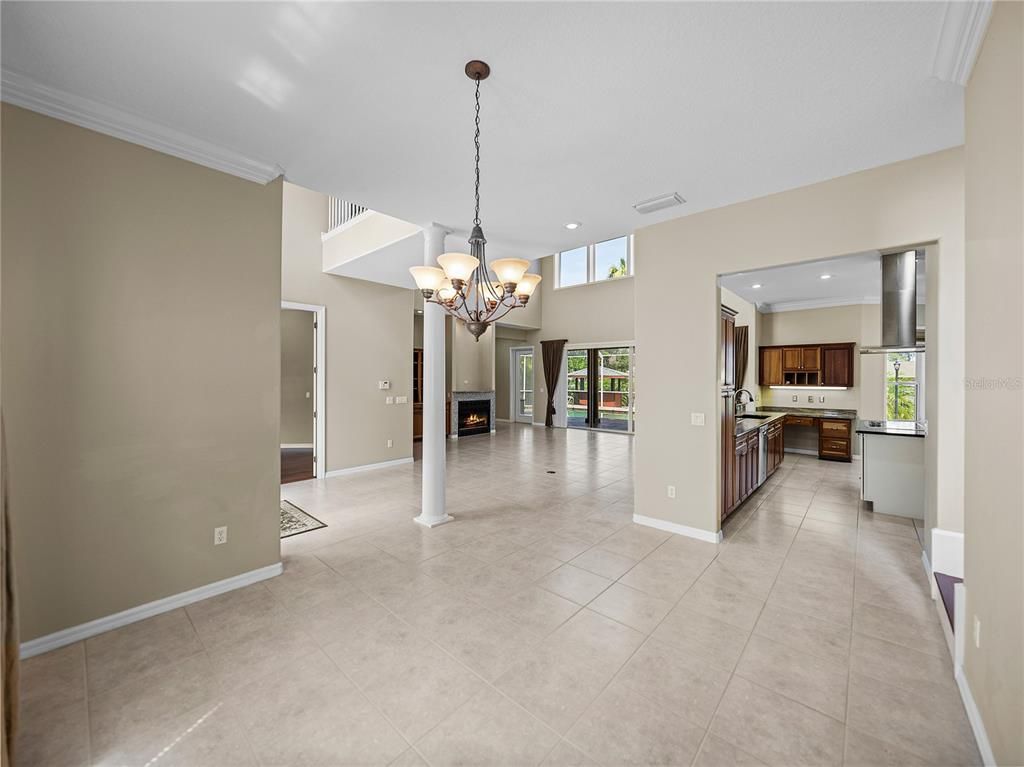 Chandelier, Empty room, Fireplace, Interior, Kitchen, Recessed Lighting