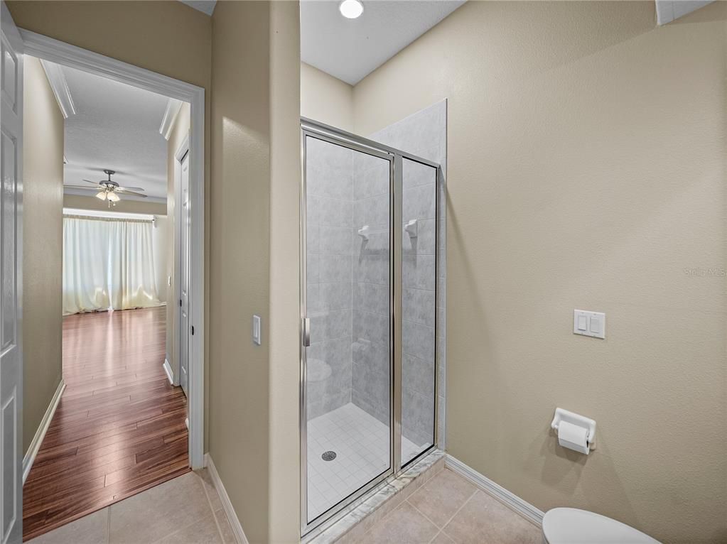 Bathroom, Glass Shower, Interior, Recessed Lighting, Wood Texture Flooring