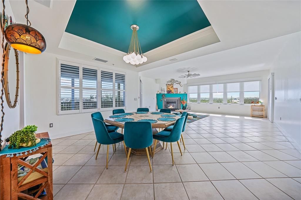Dining room, Fireplace, Interior, Pendant Lights