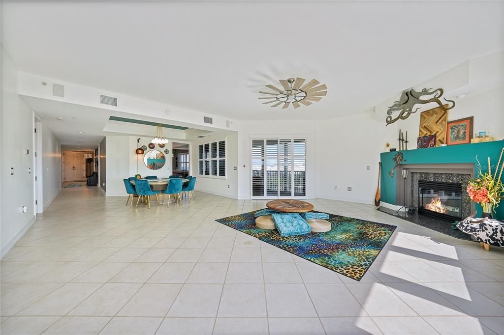 Dining room, Fireplace, Interior, Pendant Lights