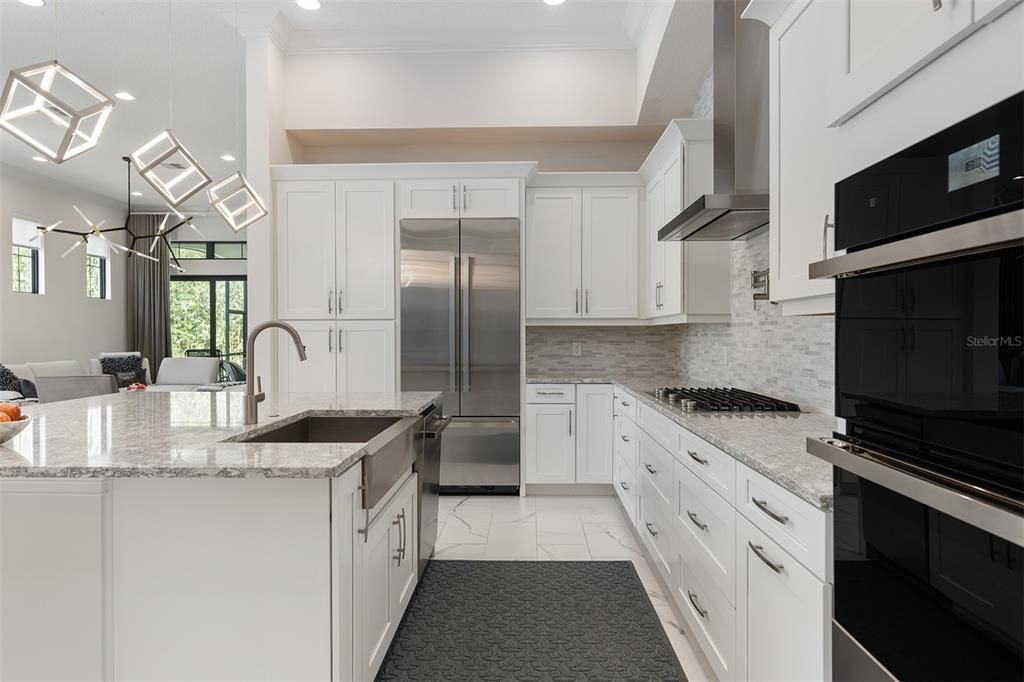 Interior, Kitchen, Marble, Pendant Lights, Recessed Lighting, Stainless Steel Appliances
