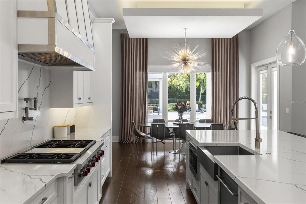 Dining room, Interior, Kitchen, Pendant Lights, Stainless Steel Appliances, Wood Texture Flooring
