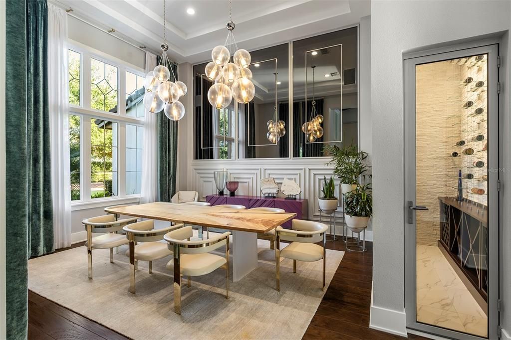 Dining room, Interior, Marble, Pendant Lights, Recessed Lighting, Wood Texture Flooring