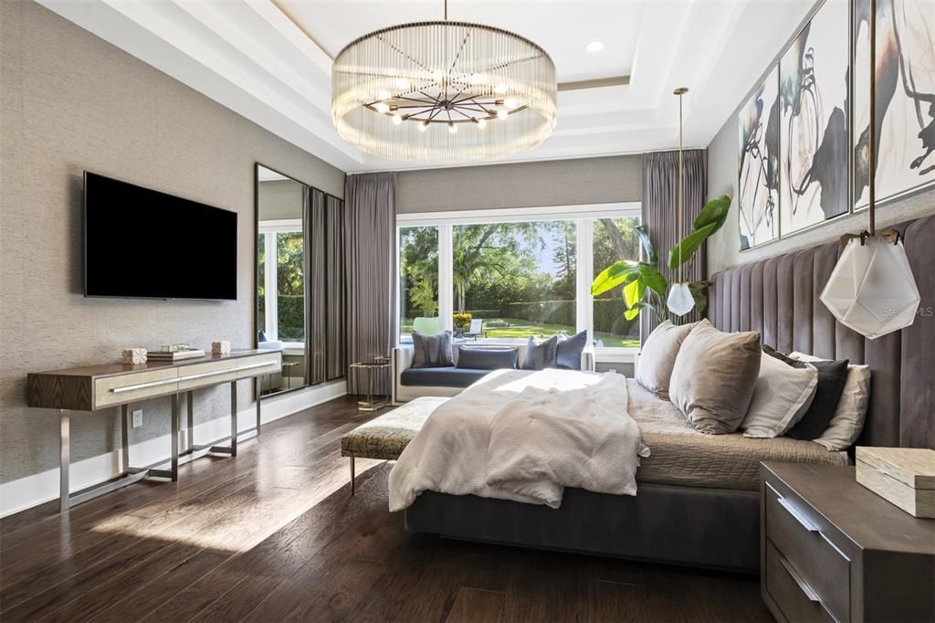 Bedroom, Interior, Pendant Lights, Recessed Lighting, Wood Texture Flooring